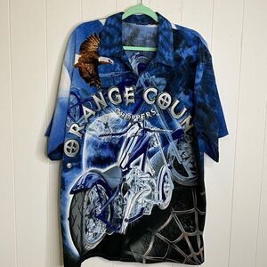 Orange County Choppers 2XL Satin Button Front Shirt Blue Black Motorcycle Silky
